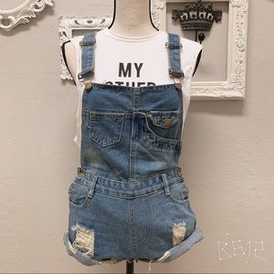 Distressed denim overall shorts